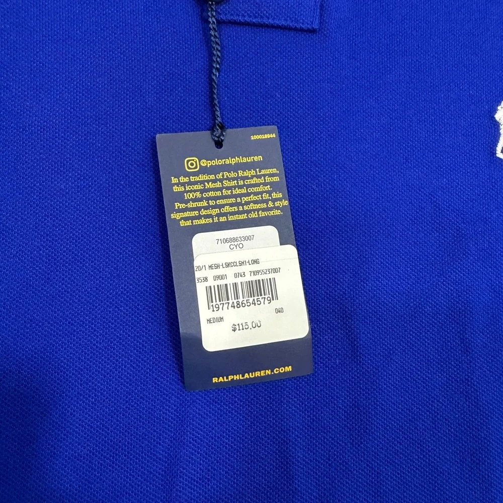 Polo Ralph Lauren Polo Shirt Medium Blue Mesh Long Sleeve Classic Fit Pony NEW